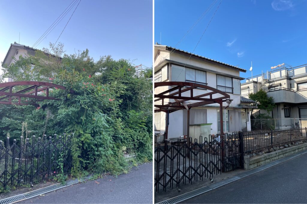全ての樹木、雑草を綺麗に除去処分いたしました。家主が施設などに入ってしまい、一時的に空き家になってしまった場合などにはこのような対応をさせていただいております。